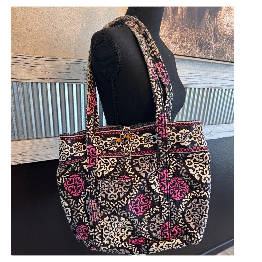 Vera Bradley Quilted Tote Bag Black Pink Floral Shoulder Bag Large